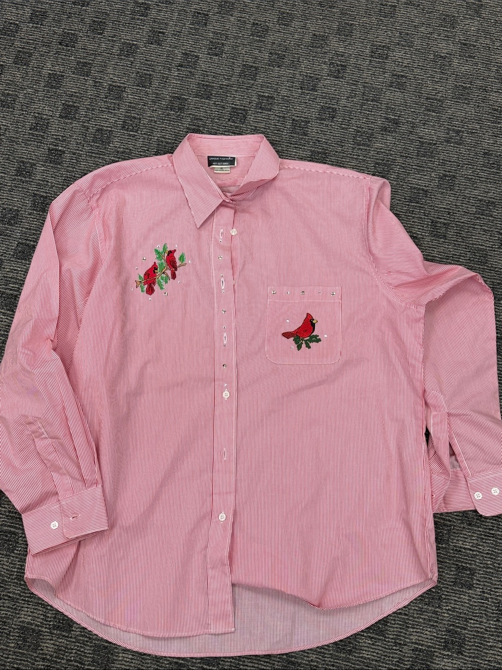 Unique Fashions XL Cardinal Embroidered Rhinestone‎ Striped Holiday Shirt